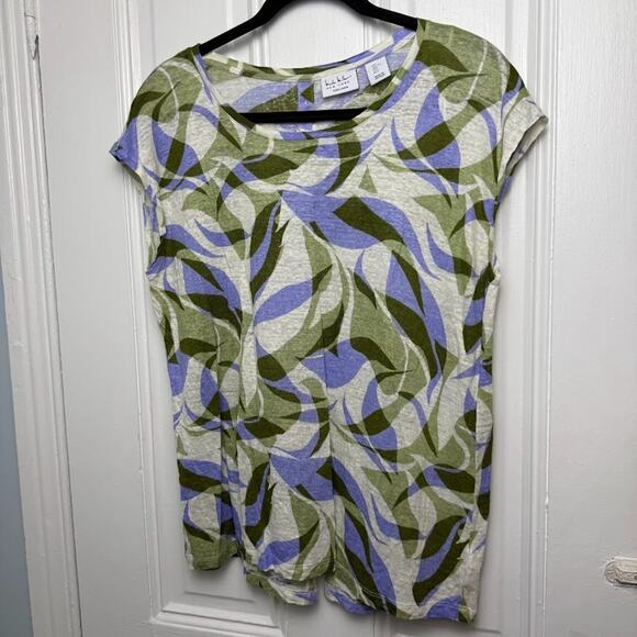 Nicole Miller Tops - Abstract Linen Blouse Womens Large Purple Green Short Sleeve Beachy Summer